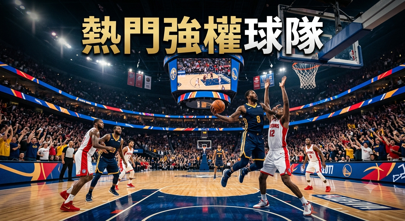 這是一場充滿張力的職業籃球賽,兩隊頂尖強權正在場上激烈交鋒。 球場上方醒目地展示著「熱門強權球隊」的標題,象徵著這場賽事的巔峰對決。