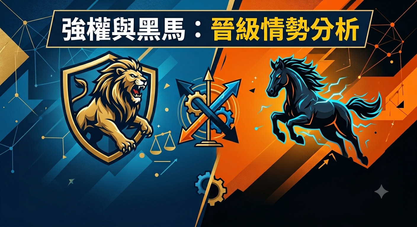 這張圖呈現了「強權」與「黑馬」的對抗,以獅子象徵穩健的強者,黑馬代表具潛力的黑馬。 兩者中間以圖示連結,整體設計簡潔有力,強調了晉級情勢分析的對比感。